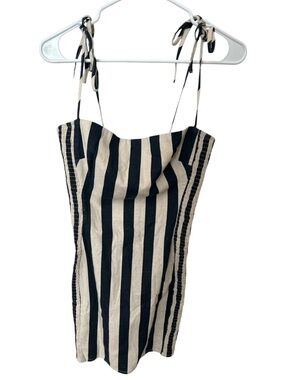 ASTR the Label Striped Linen Blend Tie Strap Mini Dress Black Cream Size Small